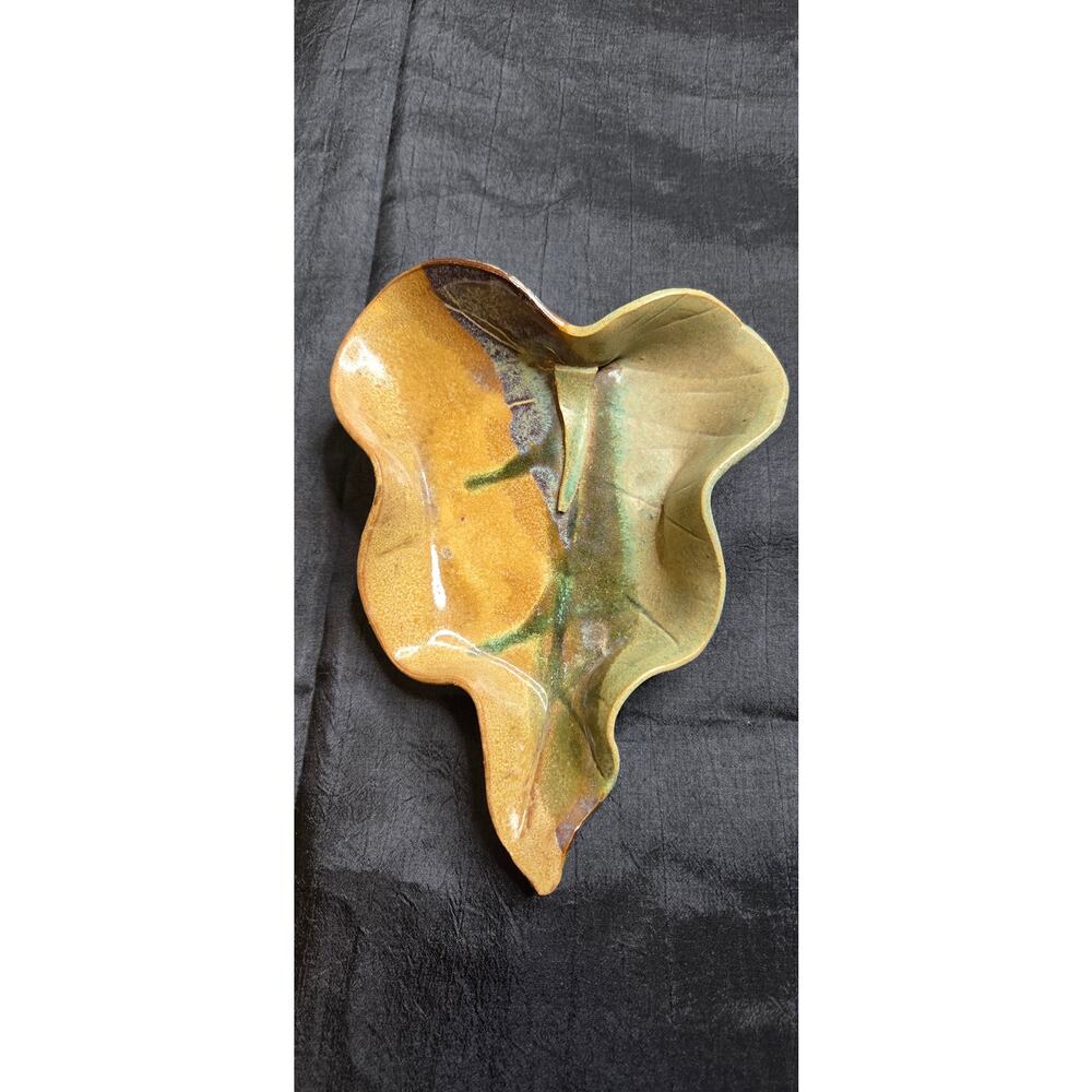 Signed Pottery Leaf Dish Blue Brown Green